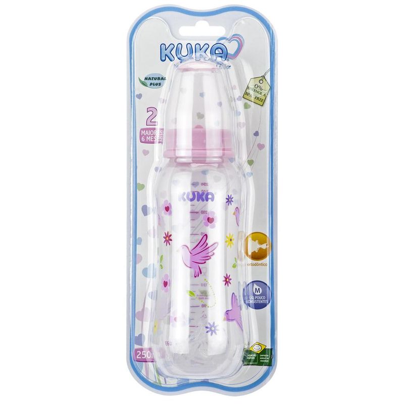 Mamadeira-Kuka-Natural-Color-Bico-Ortodontico-Rosa-cor-Rosa-250ml-Referencia-1557