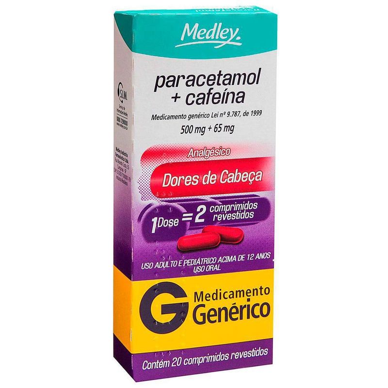 Paracetamol-CafeIna-Medley-500-65mg-caixa-com-20-comprimidos-revestidos