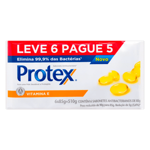 Pack Sabonete em Barra Antibacteriano Protex Vitamina E Cartucho 510g Leve 6 Pague 5 Unidades