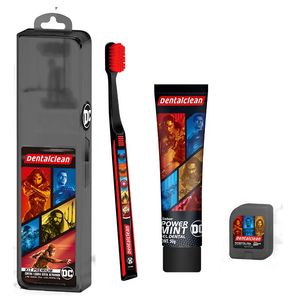 Kit Dentalclean premium Liga da Justiça ou Mulher Maravilha com 1 Escova de dente + 1 Fio dental de 25m + 1 Gel dental com 50g